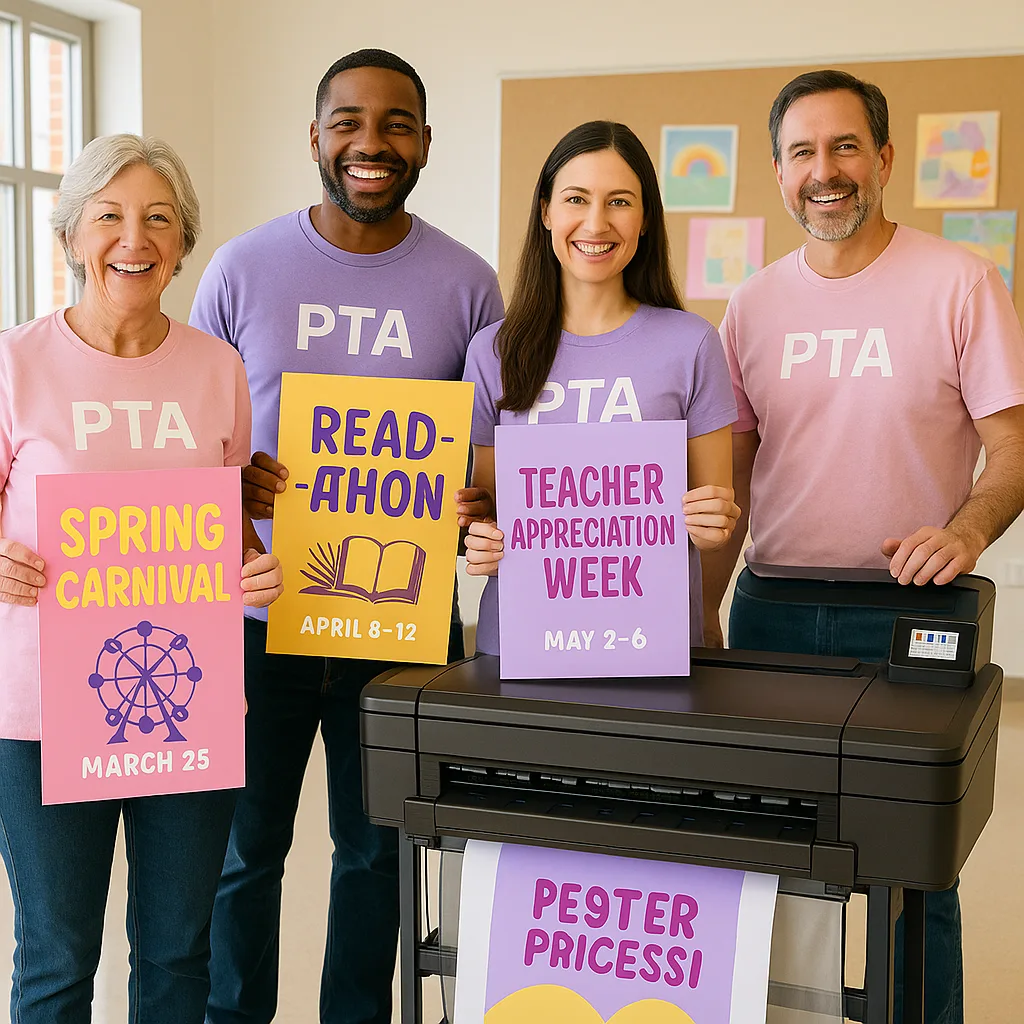 A bright, energetic hero image a diverse group of PTA volunteers (various ages and ethnicities) gathered around a poster printer in a school setting. They're holding up colorful event posters