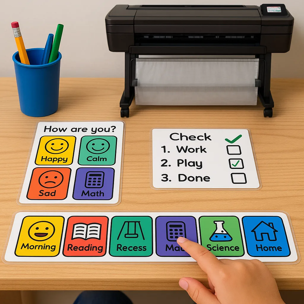 A close-up view of a student's desk personalized visual support tools a color-coded daily schedule strip, a small emotion regulation chart, and task completion checklist. The materials should