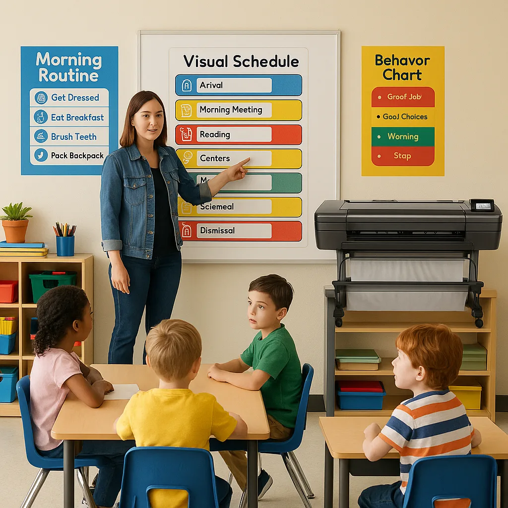 A bright, organized elementary classroom a teacher pointing to a colorful visual schedule board while a diverse group of students, one child visible focus and engagement, follow along. The scene