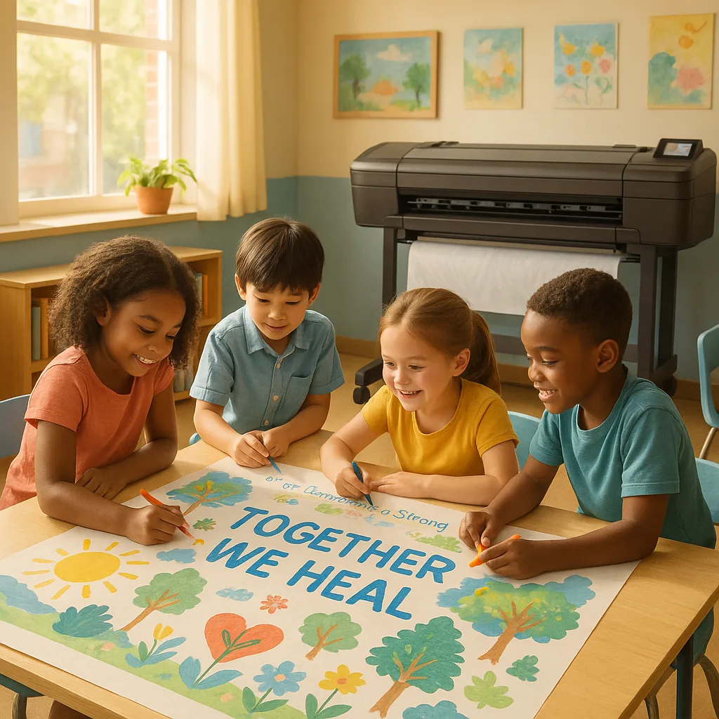 A warm, hopeful classroom scene diverse elementary students collaborating on a large healing-themed poster. Use soft natural lighting morning sun streaming through windows. Include visual elements A warm, hopeful classroom scene diverse elementary students collaborating on a large healing-themed poster. Use soft natural lighting morning sun streaming through windows. Include visual elements