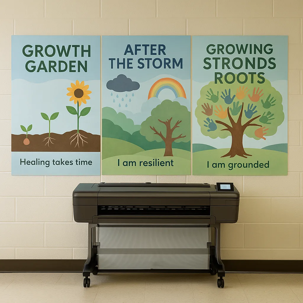 Design a trauma-informed classroom poster display a “Growth Garden” theme. Show multiple connected posters creating a cohesive wall display nature-based healing metaphors – seeds becoming flowers, Trauma-informed classroom poster display