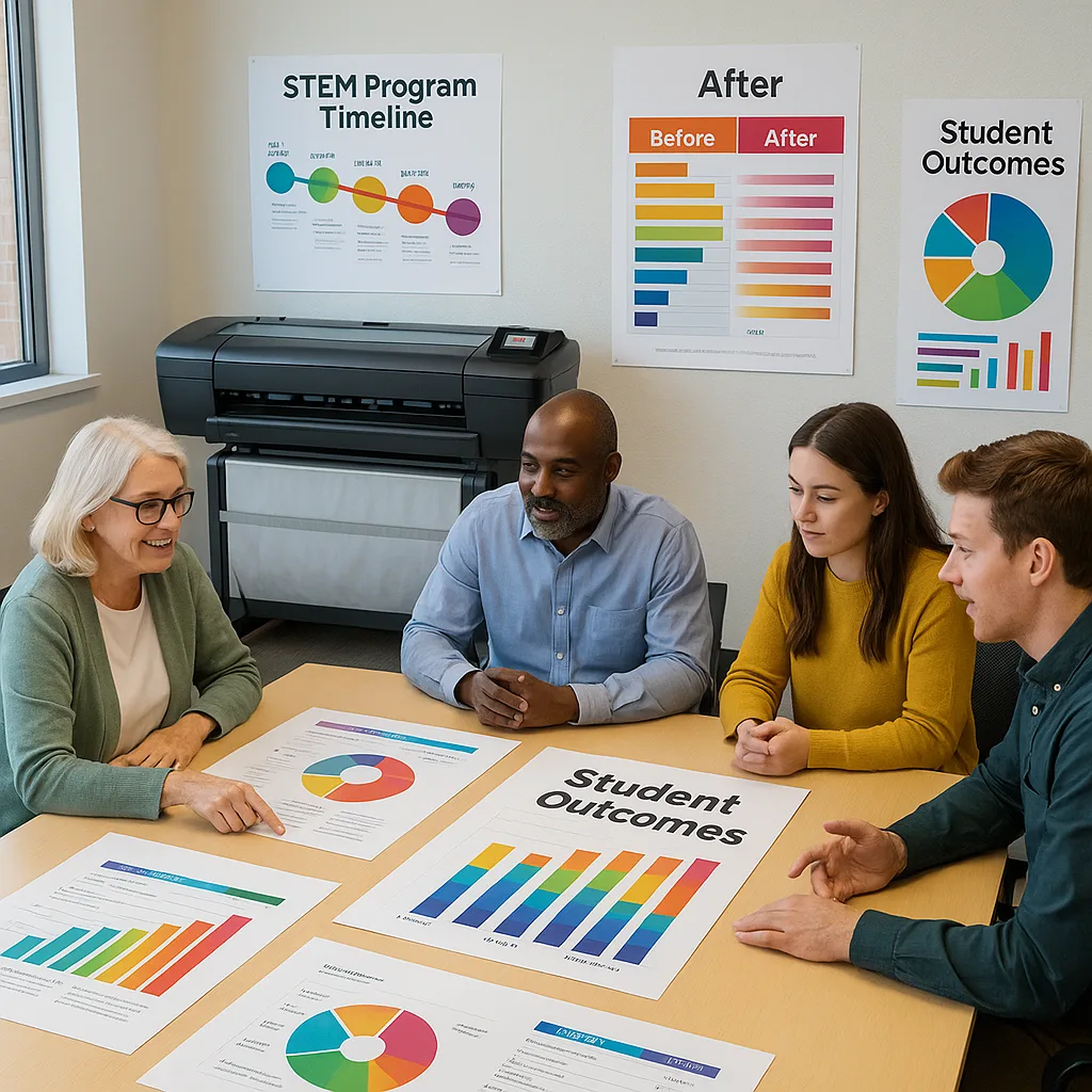 A bright, educational scene a school conference room educators reviewing large-format visual documentation posters spread across a table and mounted on walls. Include visible elements like