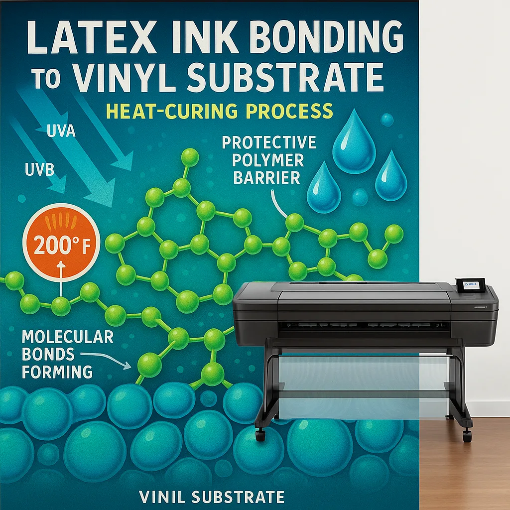 A close-up photograph the molecular structure of latex ink bonding vinyl substrate, visualized through a combination of microscopic imagery and scientific illustration. The image should display A close-up photograph the molecular structure of latex ink bonding vinyl substrate, visualized through a combination of microscopic imagery and scientific illustration. The image should display