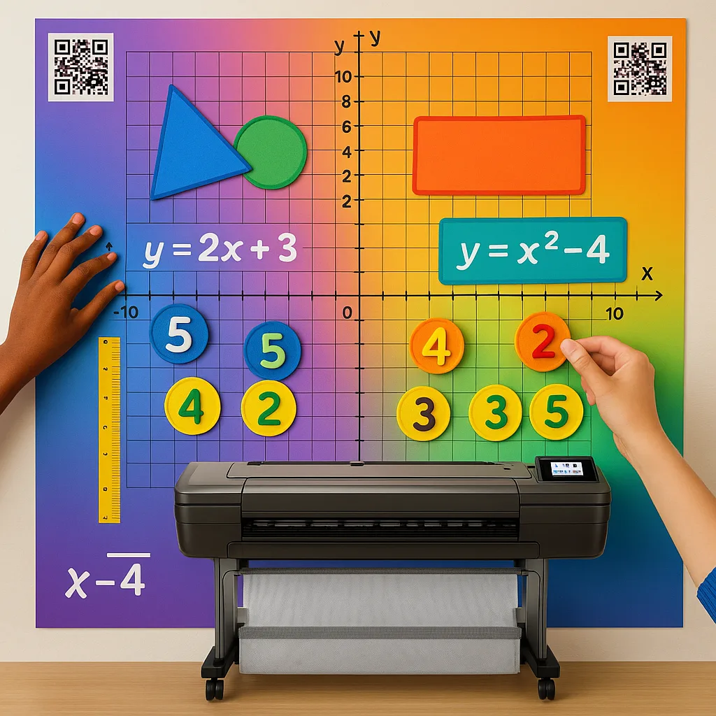 Design a close-up view of an interactive math wall display using Suse font. Show a large coordinate plane poster colors, geometric shapes, and algebra equations. Include QR codes in corners and