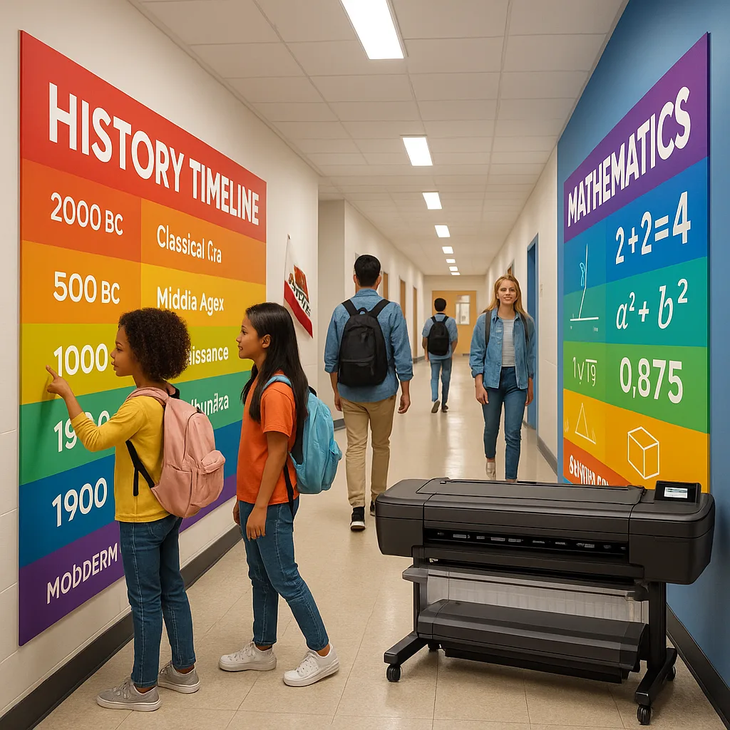 A bright, engaging educational hallway scene using Suse font. Show a school corridor colorful, large-format educational posters on both walls – include a timeline on one side and mathematical A bright, engaging educational hallway scene using Suse font. Show a school corridor colorful, large-format educational posters on both walls - include a timeline on one side and mathematical
