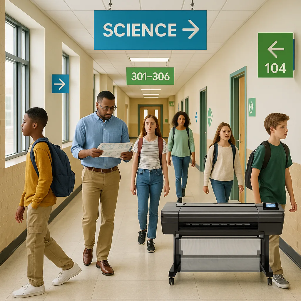 A bright, welcoming school hallway clear wayfinding signage on the walls. Show colorful directional arrows in blue and green, room number signs pictograms, and overhead hanging signs at A bright, welcoming school hallway clear wayfinding signage on the walls. Show colorful directional arrows in blue and green, room number signs pictograms, and overhead hanging signs at