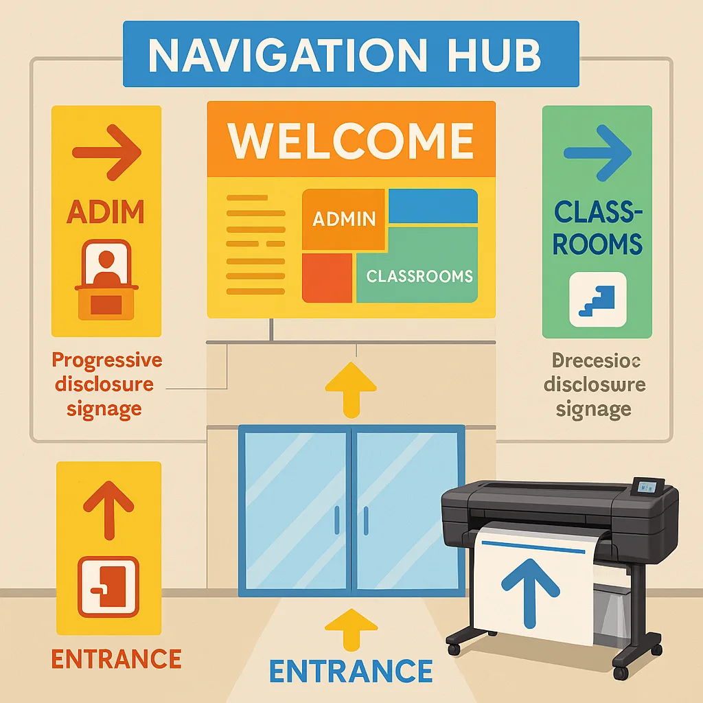 An overhead view diagram of a school entrance area strategic poster placement for wayfinding. Display a “Navigation Hub” a large welcome sign, zone maps using color coding (warm colors for admin, An overhead view diagram of a school entrance area strategic poster placement for wayfinding. Display a "Navigation Hub" a large welcome sign, zone maps using color coding (warm colors for admin,