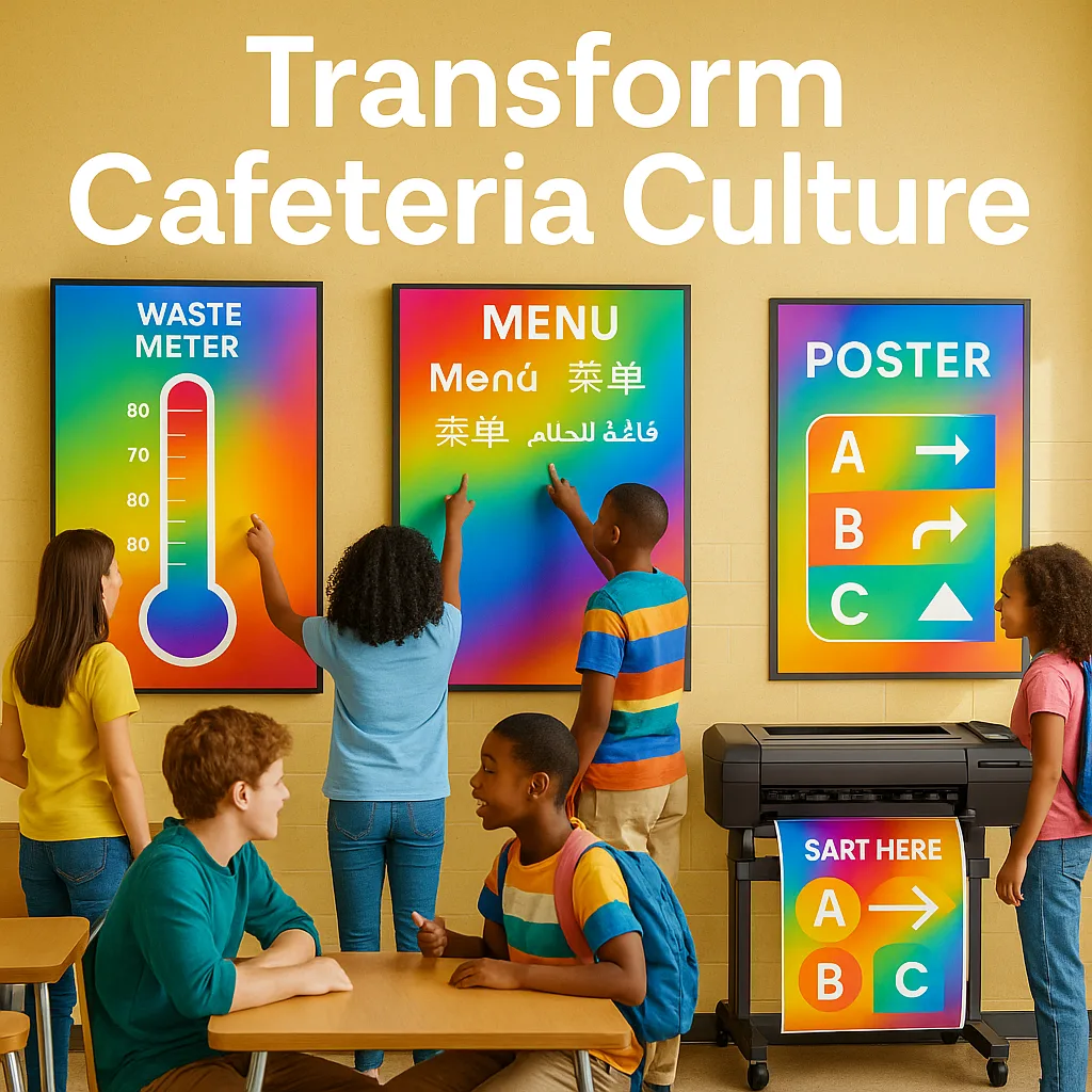 A vibrant, school cafeteria scene diverse students enthusiastically interacting colorful waste-tracking displays on the walls. Include a large digital or poster display a thermometer-style waste
