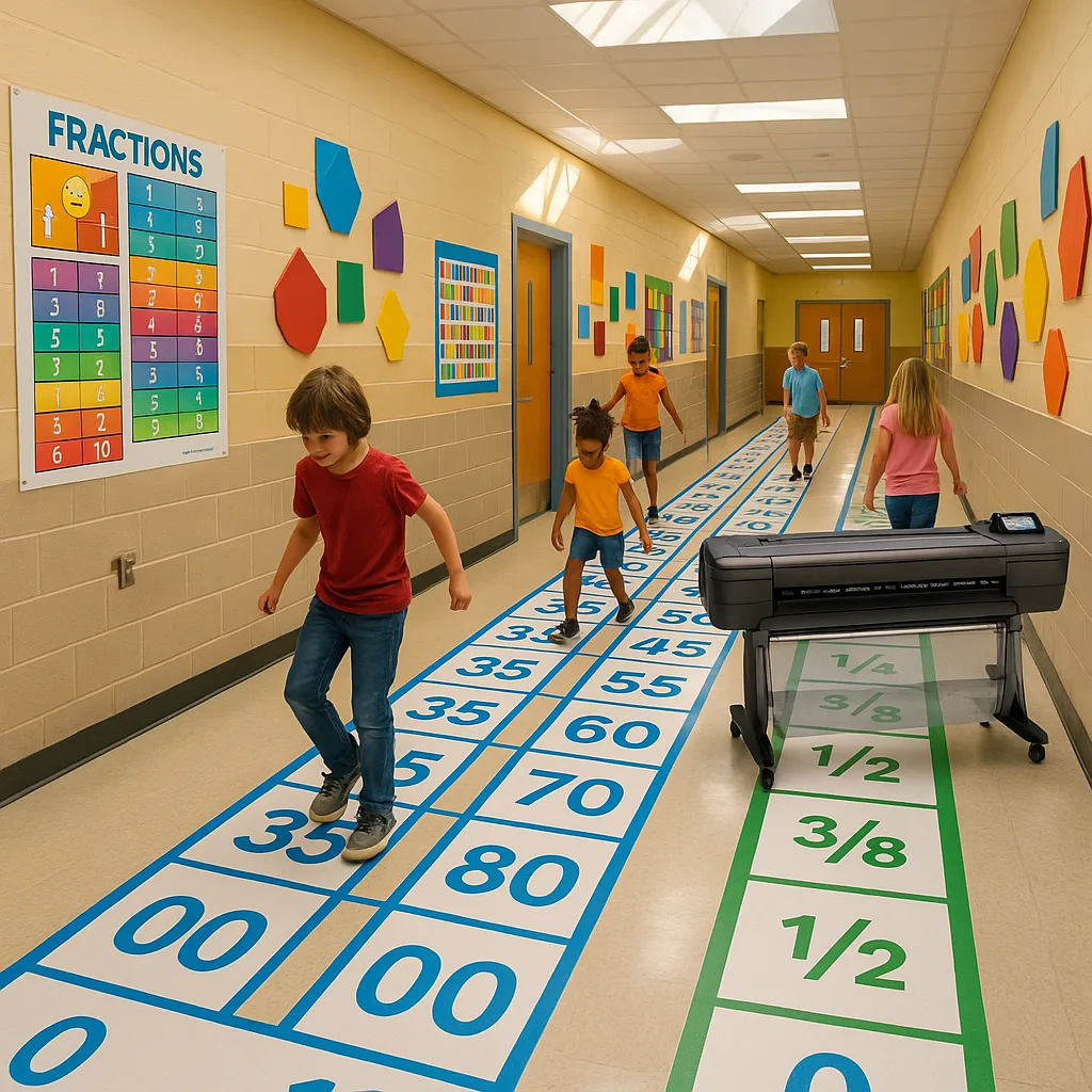 A vibrant, wide-angle photograph of an elementary school hallway transformed into a colorful mathematical wonderland. The floor features a giant walkable number line from 0-100 blue numbers on