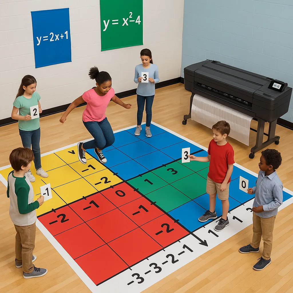 An aerial view of students participating in kinesthetic math activities on custom floor graphics. The image shows a large coordinate plane printed on gymnasium floor vinyl, students standing at An aerial view of students participating in kinesthetic math activities on custom floor graphics. The image shows a large coordinate plane printed on gymnasium floor vinyl, students standing at