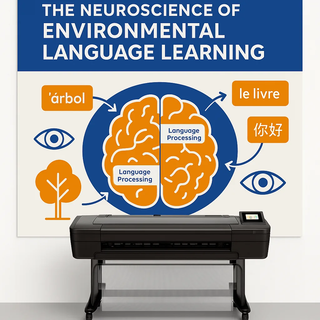 An organized display the neuroscience of environmental language learning, a stylized brain diagram highlighted language processing areas, surrounding visual elements how environmental print