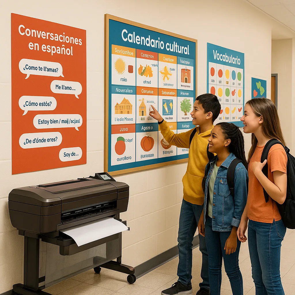 A school hallway transformed into a Spanish language immersion zone, colorful wall-mounted posters conversation starters in Spanish, a large cultural calendar display Hispanic holidays and