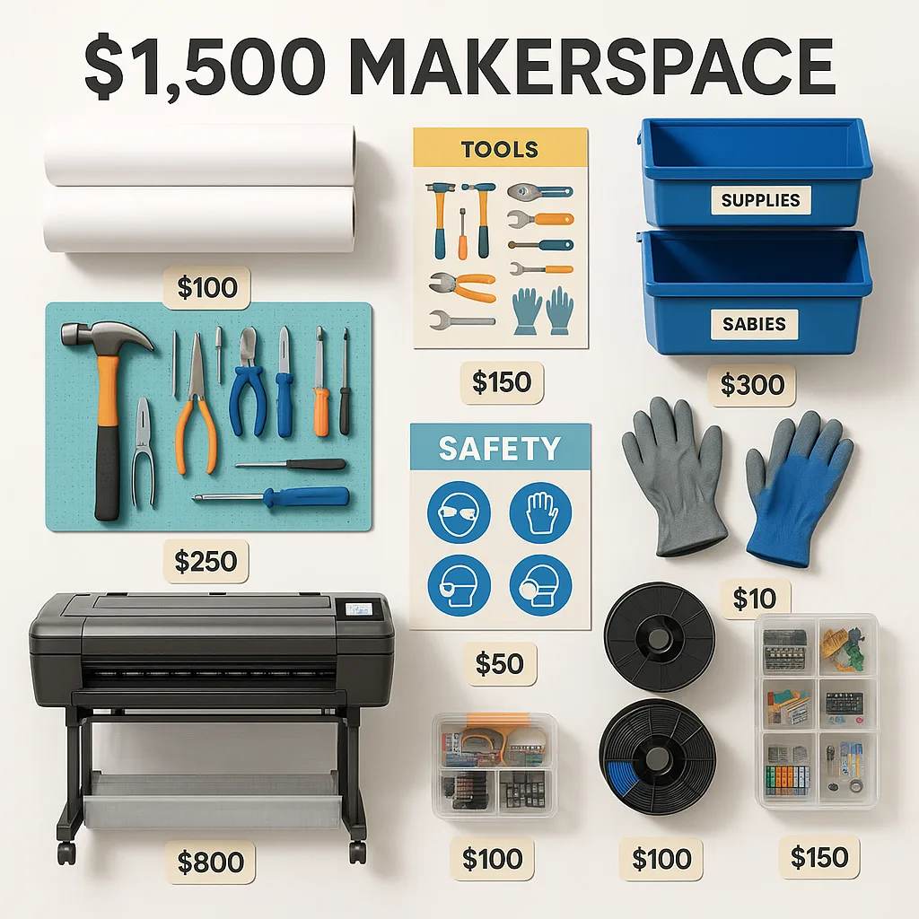 A flat-lay photograph the complete budget breakdown for a $1,500 makerspace. Items arranged on a white surface include: a compact desktop poster printer (center), rolls of poster paper, basic hand A flat-lay photograph the complete budget breakdown for a $1,500 makerspace. Items arranged on a white surface include: a compact desktop poster printer (center), rolls of poster paper, basic hand