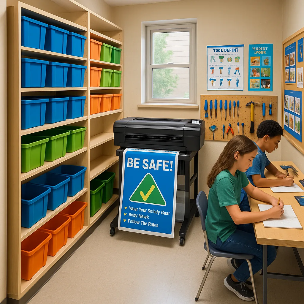 A vibrant, wide-angle photograph of a small but efficiently organized makerspace in a converted school closet. The space features floor-to-ceiling shelving colorful storage bins, a compact poster