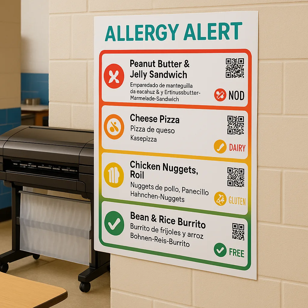 A close-up view of a professionally designed allergy alert poster a week’s menu color-coded borders (red for nuts, orange for dairy, yellow for gluten, green for allergen-free). Each menu item A close-up view of a professionally designed allergy alert poster a week's menu color-coded borders (red for nuts, orange for dairy, yellow for gluten, green for allergen-free). Each menu item