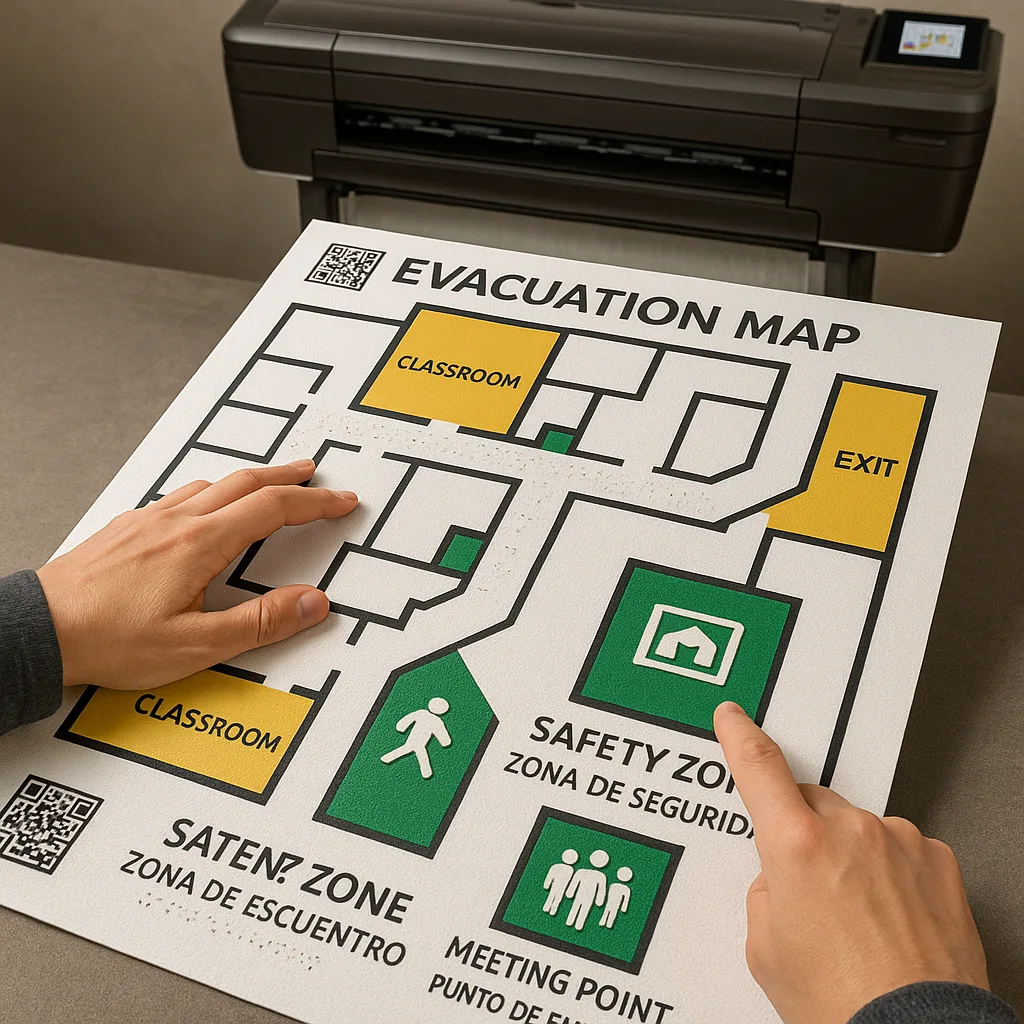 A close-up view of hands creating a tactile evacuation map using a poster printer, raised pathways, Braille labels, high-contrast colors, and universal symbols. The map should display a school