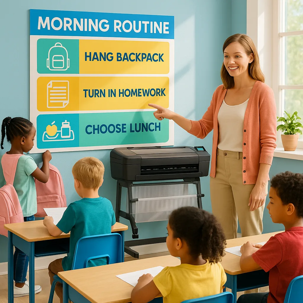 A bright, cheerful classroom scene a first-grade teacher pointing to a large, colorful visual morning routine poster on the wall. The poster should display clear icons and simple text for arrival A bright, cheerful classroom scene a first-grade teacher pointing to a large, colorful visual morning routine poster on the wall. The poster should display clear icons and simple text for arrival