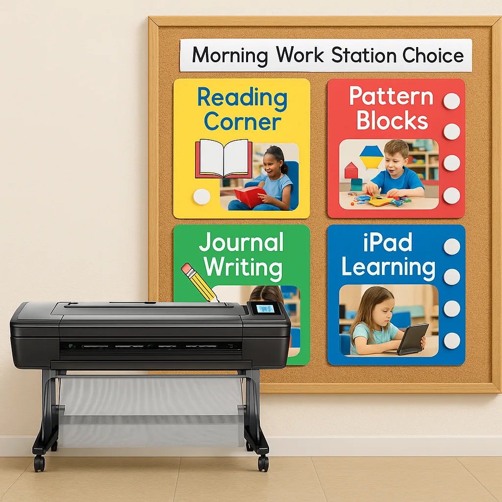 Design a close-up view of morning work station choice cards created a poster printer. Show 4-6 colorful station option cards arranged on a bulletin board, each clear icons and labels in the Suse Design a close-up view of morning work station choice cards created a poster printer. Show 4-6 colorful station option cards arranged on a bulletin board, each clear icons and labels in the Suse