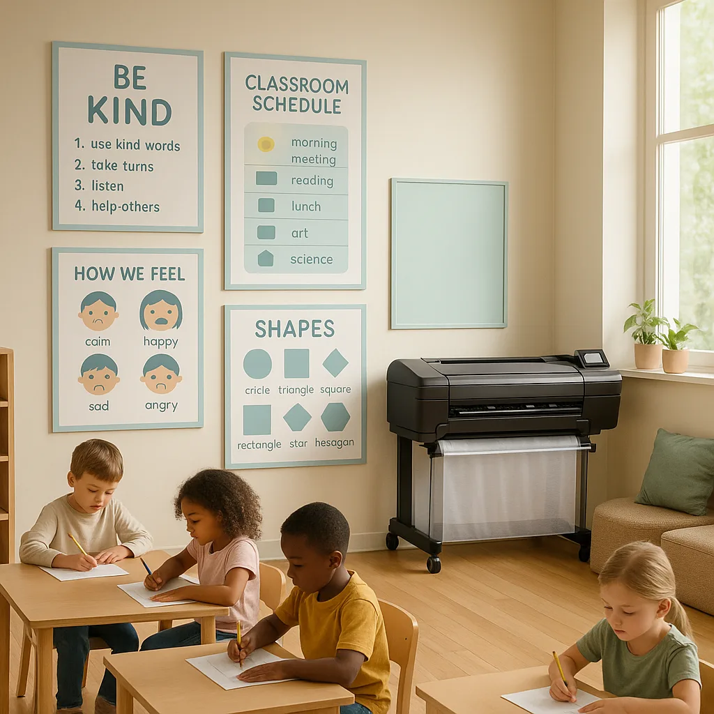 A calming classroom environment showcasing sensory-friendly poster designs on the walls. The scene features soft blue and sage green educational posters plenty of white space, organized visual