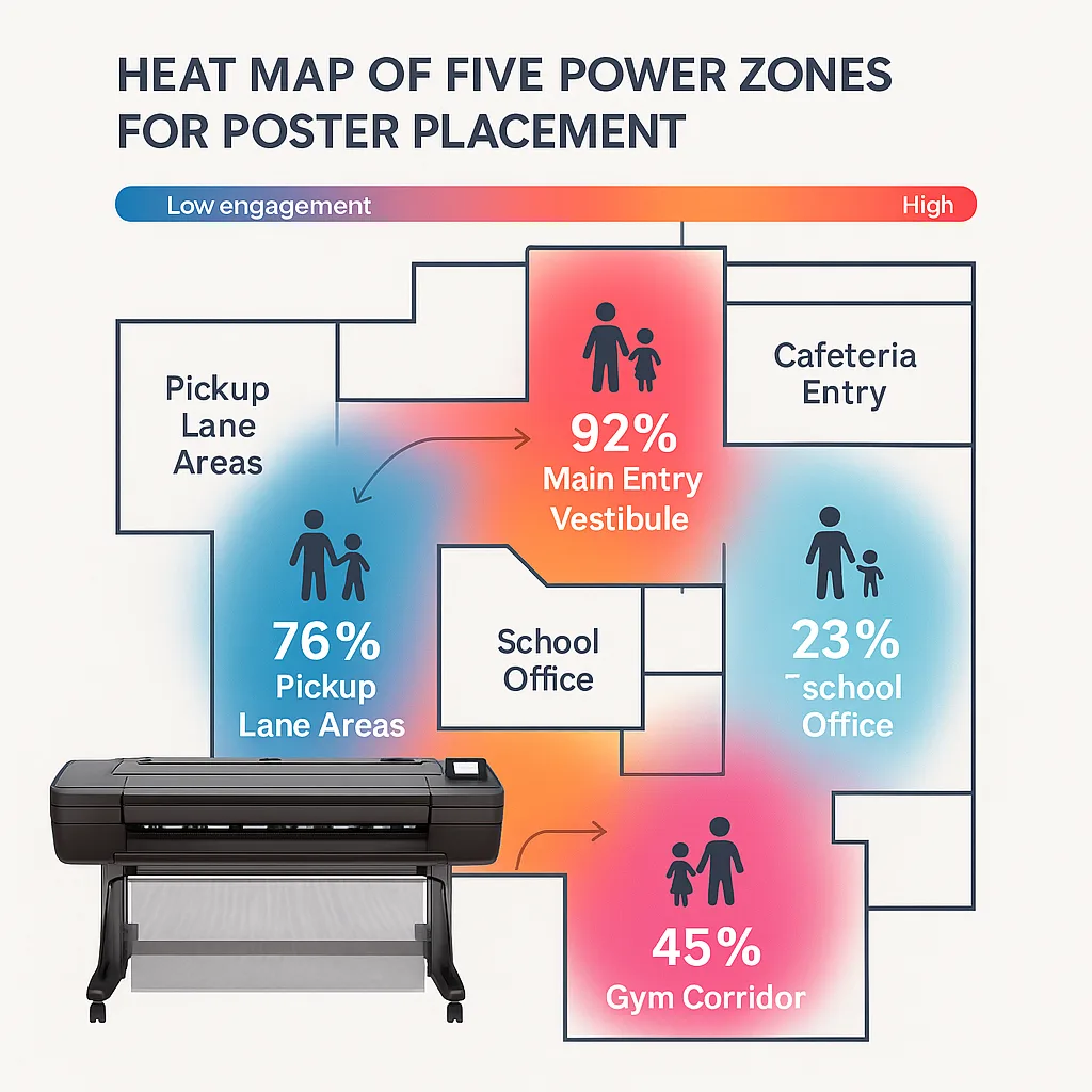An illustrated heat map overlay of a school floor plan the five power zones for poster placement. Use a gradient color scheme from cool blue (low engagement) to hot pink/red (high engagement) to