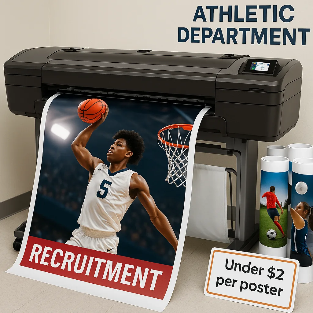 A close-up shot of a school poster maker machine printing a large 36-inch recruitment poster a high school basketball player making a spectacular dunk. The poster shows professional-quality action