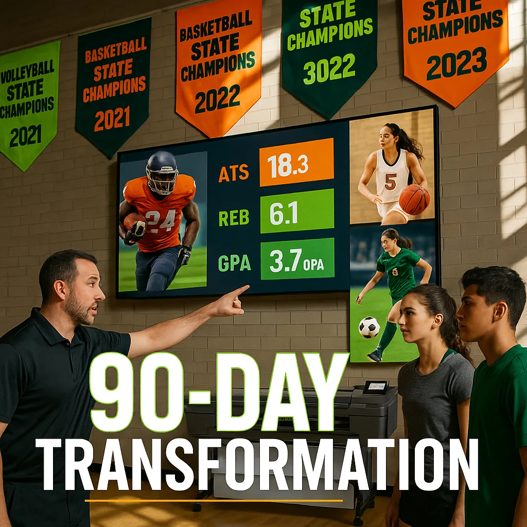 A dynamic, wide-angle photograph of a high school gymnasium wall a massive visual display system. The scene shows neon lime and orange championship banners hanging from the ceiling, a large data