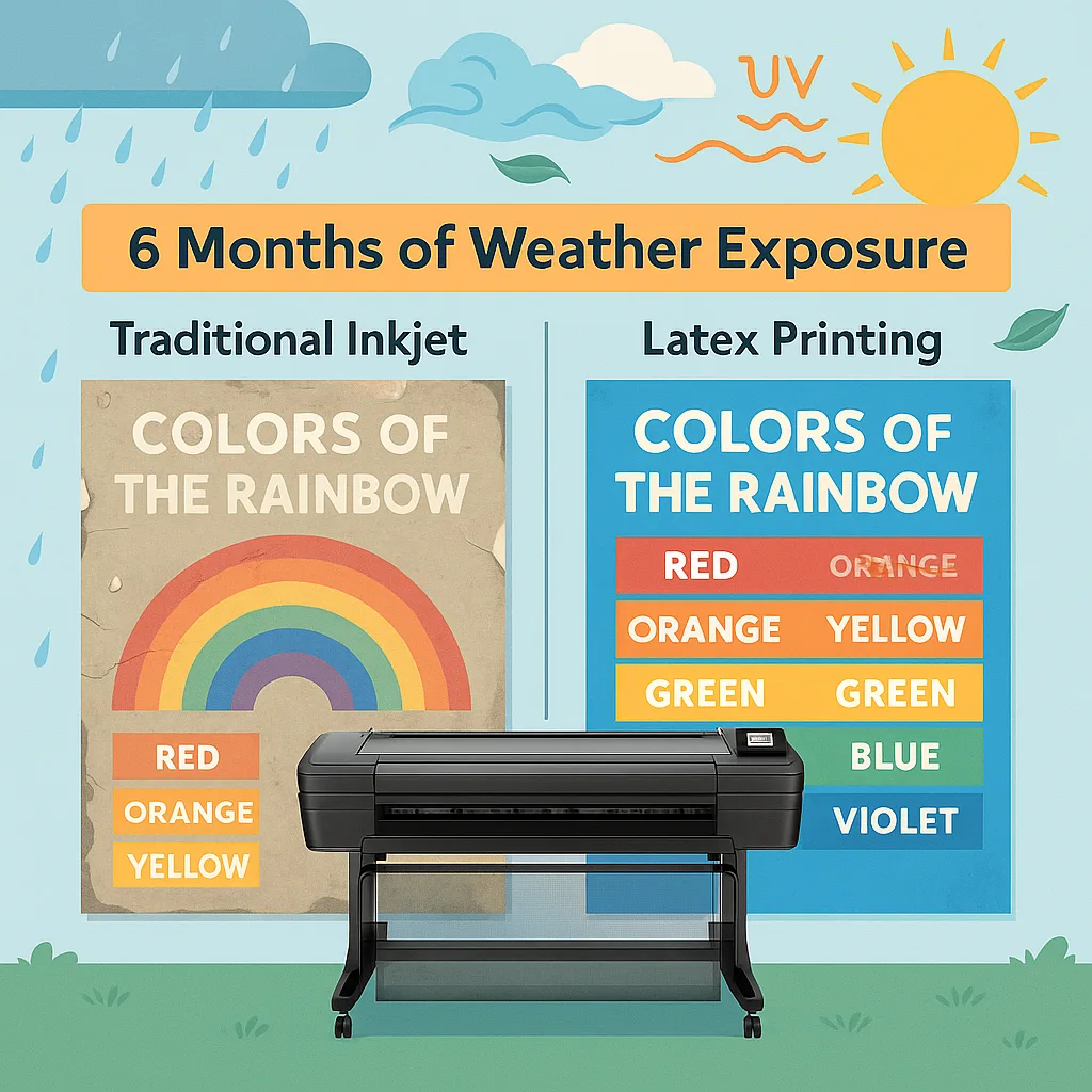A technical comparison image two outdoor educational posters side by side after 6 months of weather exposure. The left poster (labeled “Traditional Inkjet” in Suse font) should show severe fading, A technical comparison image two outdoor educational posters side by side after 6 months of weather exposure. The left poster (labeled "Traditional Inkjet" in Suse font) should show severe fading,