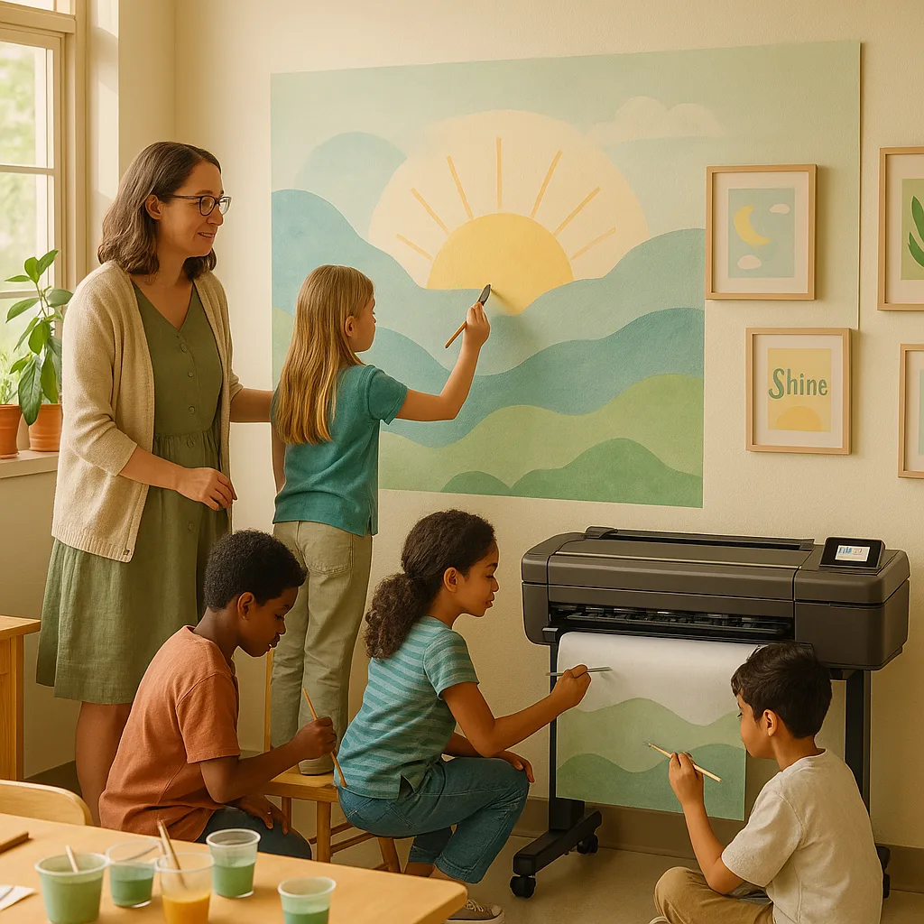 A warm, hopeful classroom scene diverse students collaboratively working on a large wall mural using soft sage greens, dusty blues, and sunrise yellows. Include a teacher guiding them gentle