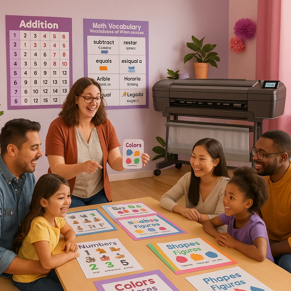 A warm, inviting classroom scene diverse families (Latino, Asian, African American, and White parents their children) gathered around a table covered colorful bilingual learning materials. Show A warm, inviting classroom scene diverse families (Latino, Asian, African American, and White parents their children) gathered around a table covered colorful bilingual learning materials. Show