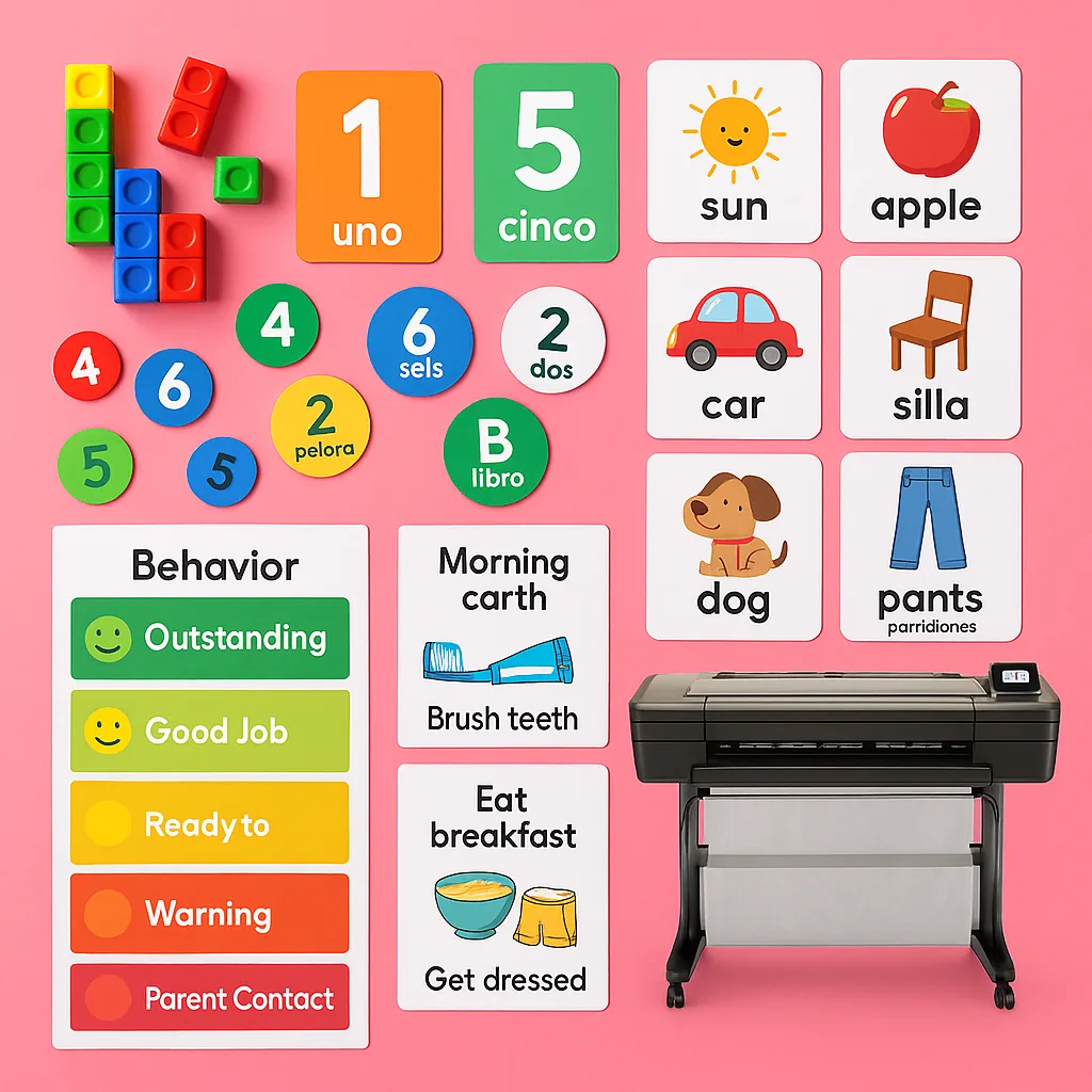 Design a flat-lay composition various bilingual learning materials spread across a pink surface. Include visual math manipulatives numbers in English and Spanish, illustrated vocabulary cards