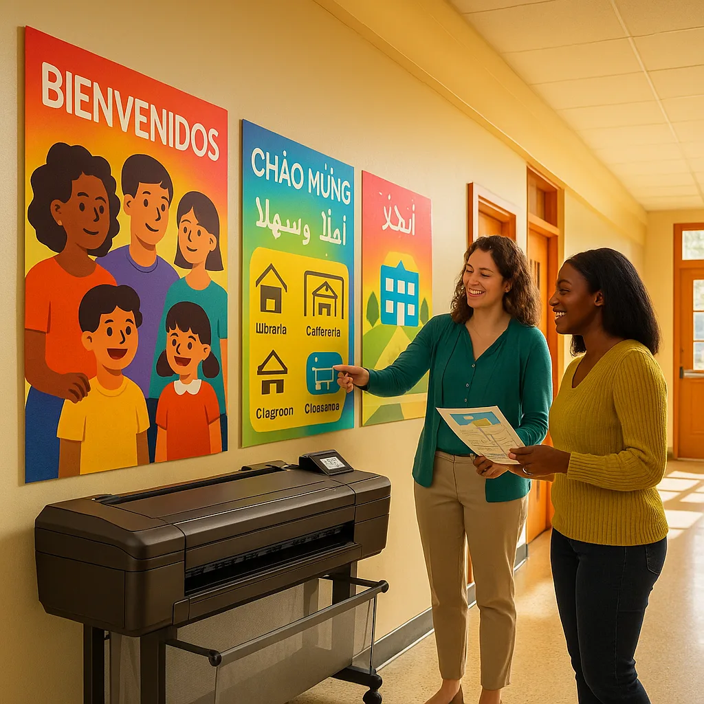 A vibrant, warmly-lit elementary school hallway showcasing multilingual welcome posters in various languages (Spanish, Vietnamese, Arabic, Mandarin) created rainbow gradient backgrounds. The