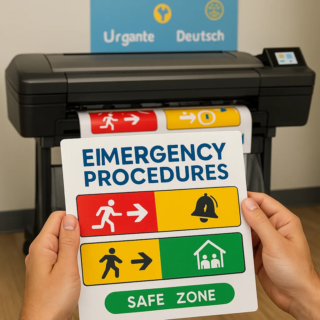 A close-up view of hands holding a professionally printed visual emergency procedures card color-coded zones (red, yellow, green) and universally understood safety icons. The card shows evacuation