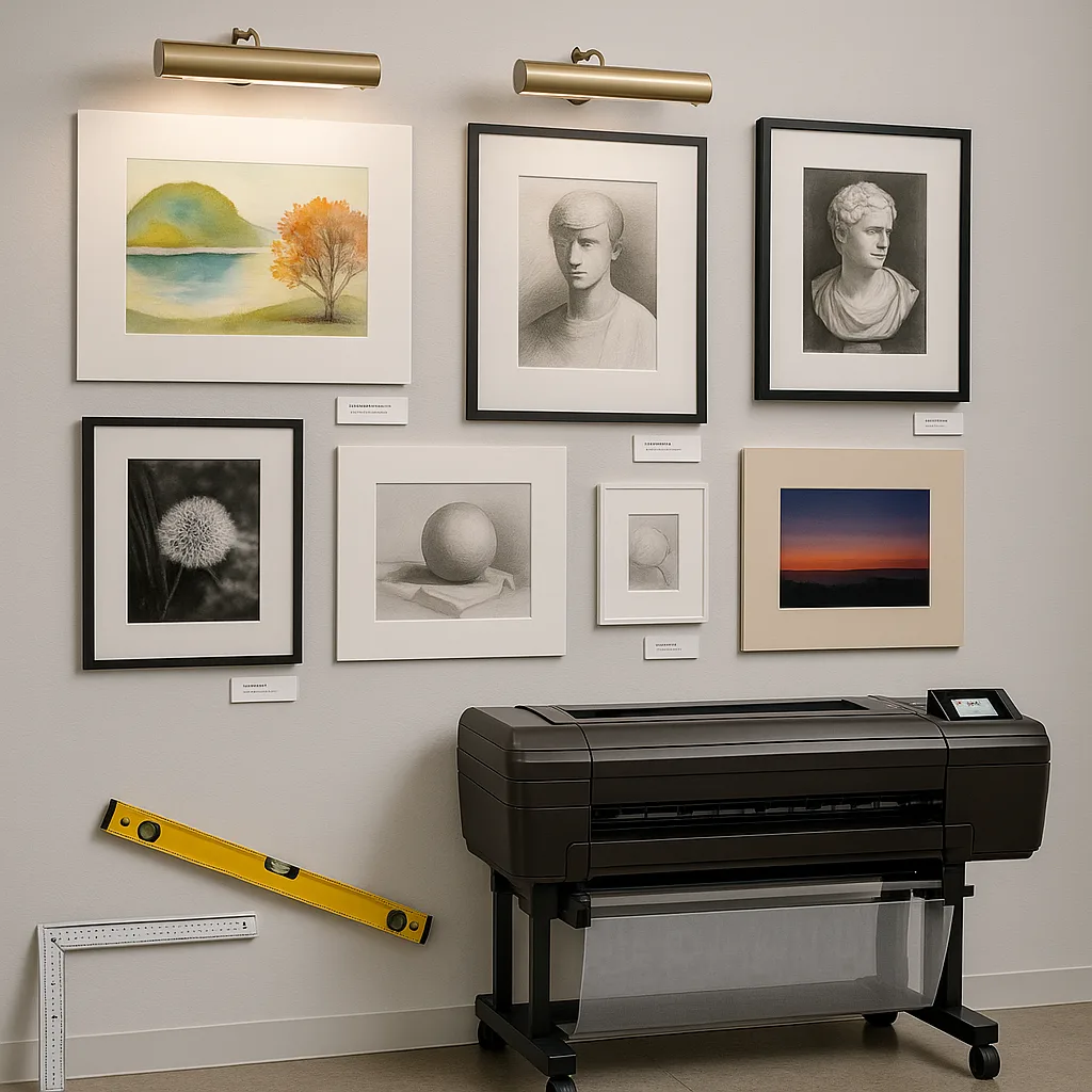 A close-up view of a professionally mounted student art portfolio wall various mounting techniques. Display includes float-mounted watercolors, window-matted drawings, and dry-mounted prints. Each