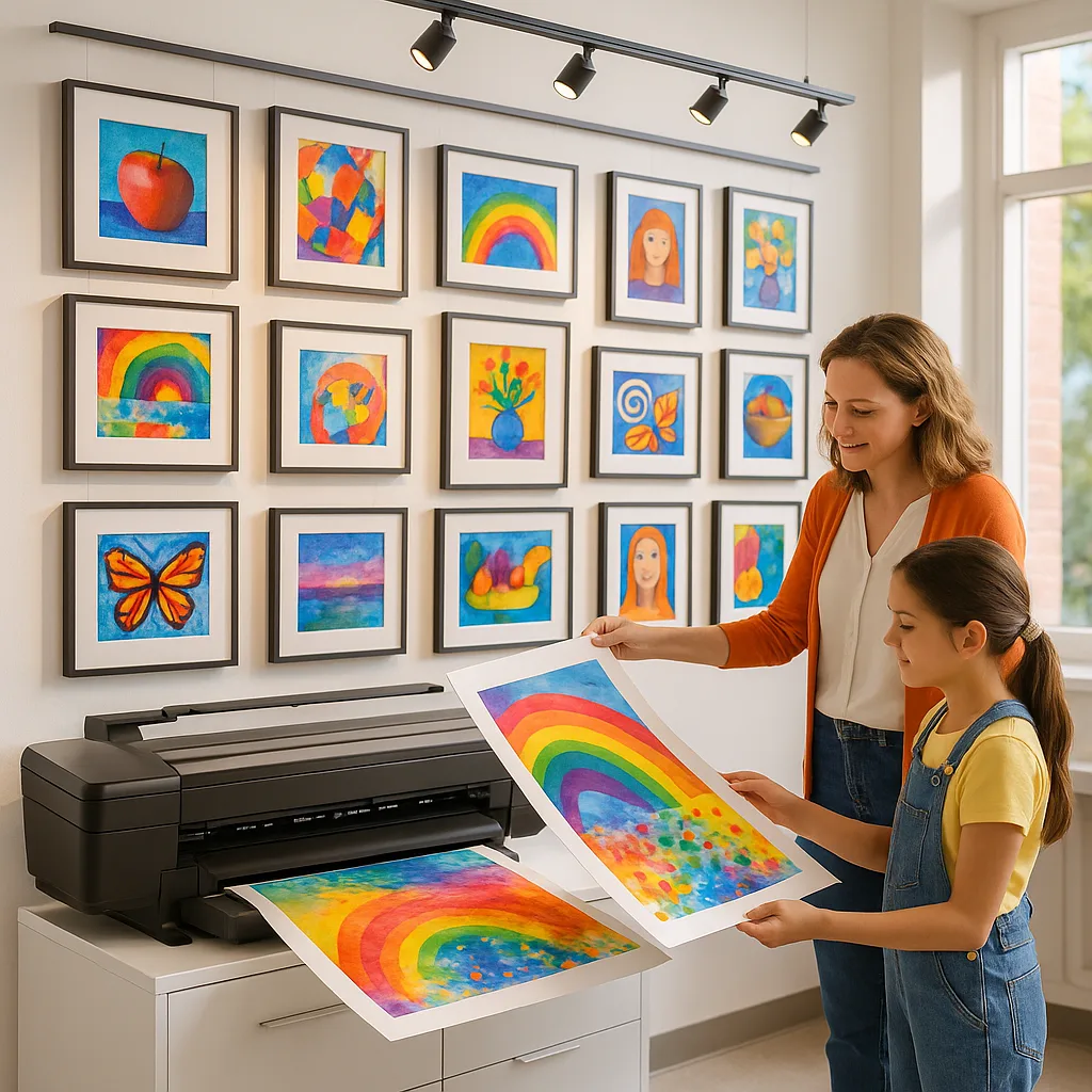 A vibrant, art gallery wall in a school art classroom multiple framed student artworks of various sizes arranged in a sophisticated gallery style. The wall has track lighting illuminating colorful A vibrant, art gallery wall in a school art classroom multiple framed student artworks of various sizes arranged in a sophisticated gallery style. The wall has track lighting illuminating colorful