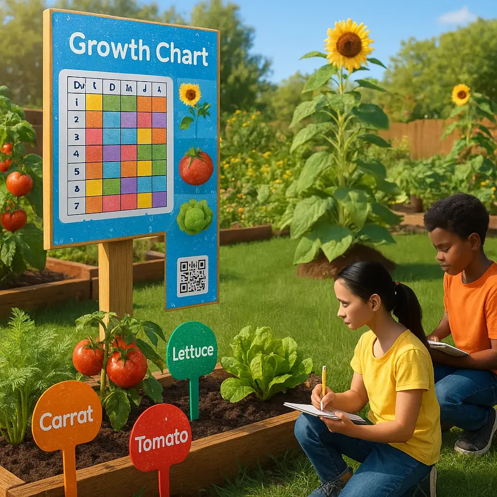 A vibrant, photorealistic image a sunny school garden weather-resistant educational displays.