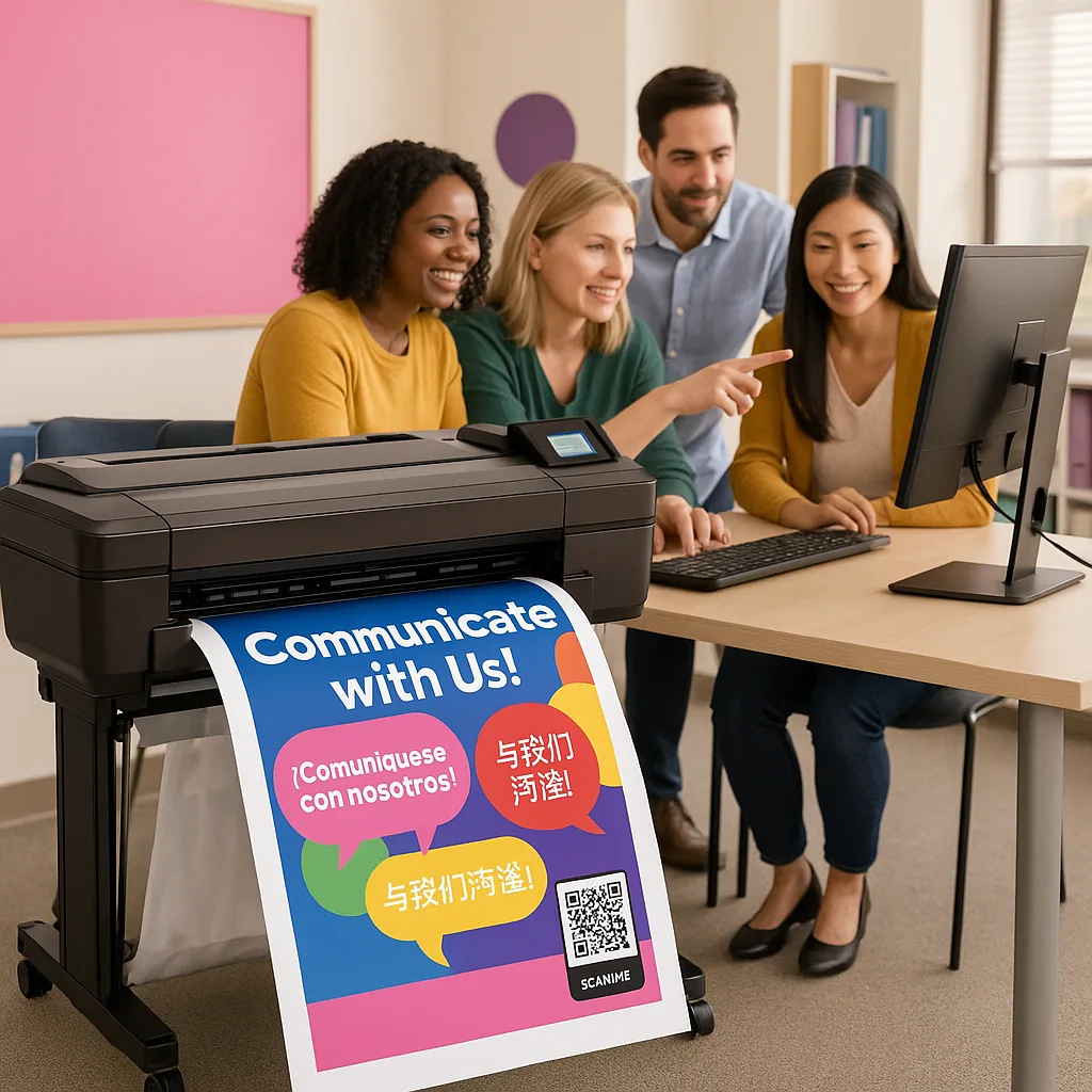 A close-up view of a 36-inch wide-format poster printer in a school office setting, colorful multilingual parent communication posters emerging from the printer. The posters feature QR codes,
