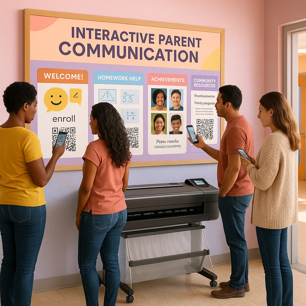 A vibrant, welcoming school entrance area a large, colorful interactive parent communication wall display. The wall shows multilingual posters QR codes, a homework help section visual math guides,