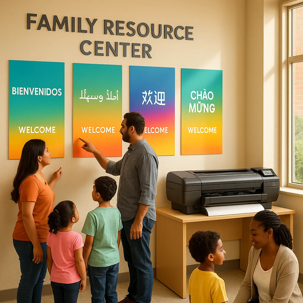 A bright, welcoming school lobby scene using Google font 'Suse' for any text. Show a modern, family resource center colorful multilingual welcome posters in various languages (Spanish, Arabic,