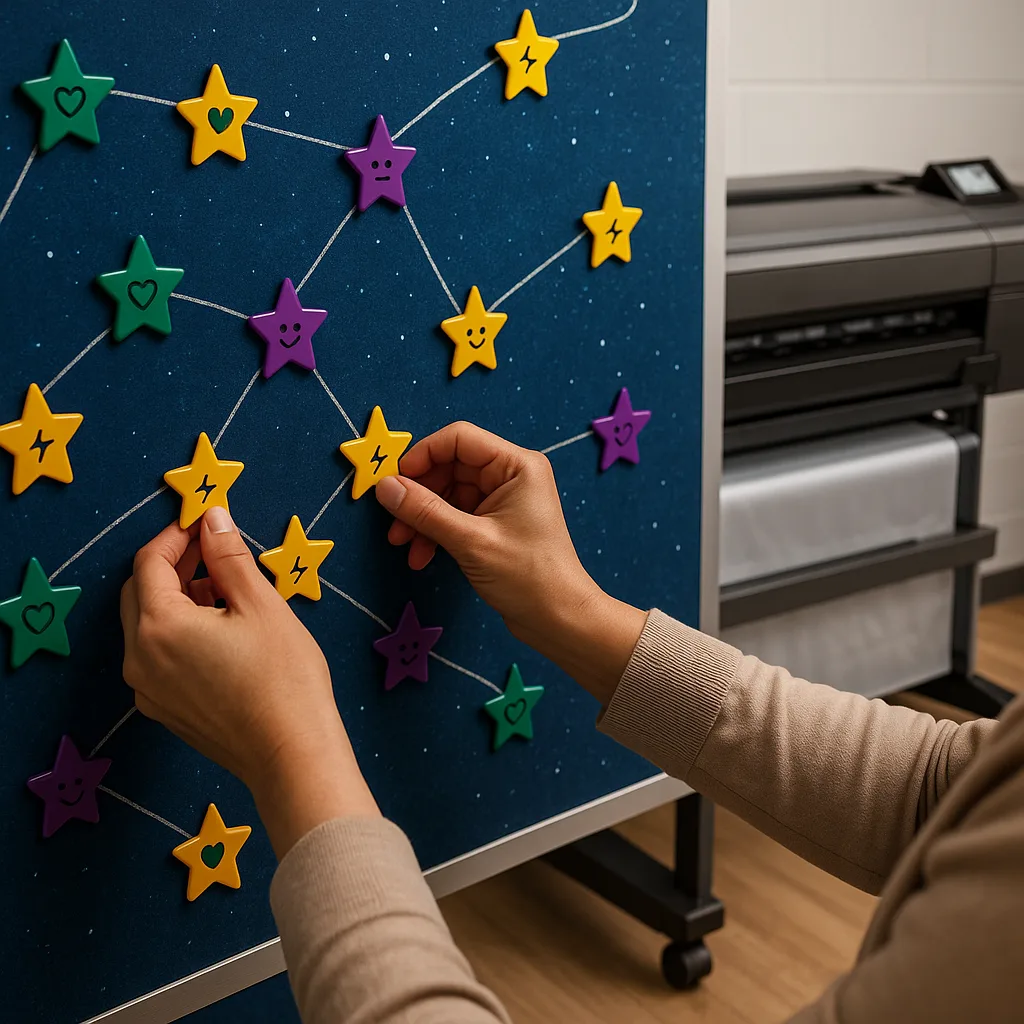 A close-up photograph of a teacher's hands arranging colorful magnetic stars on a constellation-themed data wall. The stars are in various jewel tones (emerald green, purple amethyst, golden