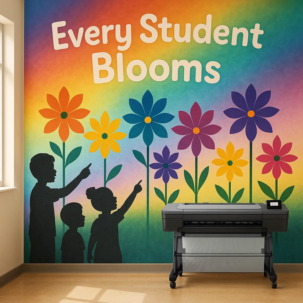 A vibrant, colorful classroom wall display an abstract growth garden various heights of flowers blooming in jewel tones (emerald, amethyst, citrine). The flowers have no labels or numbers, just