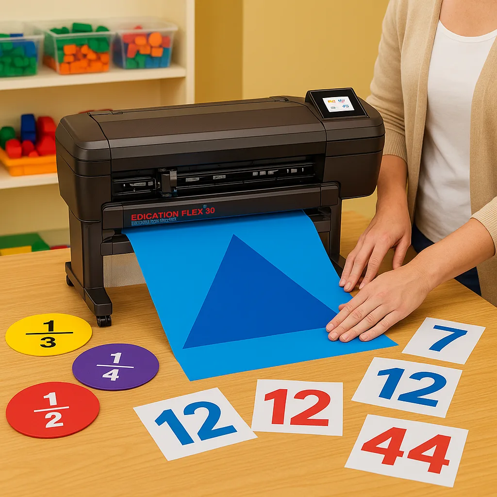 A close-up view of a teacher's hands using an Education Flex 30 Poster Printer Cutter to create large geometric shapes for a math wall. The printer should be shown cutting out a large triangle