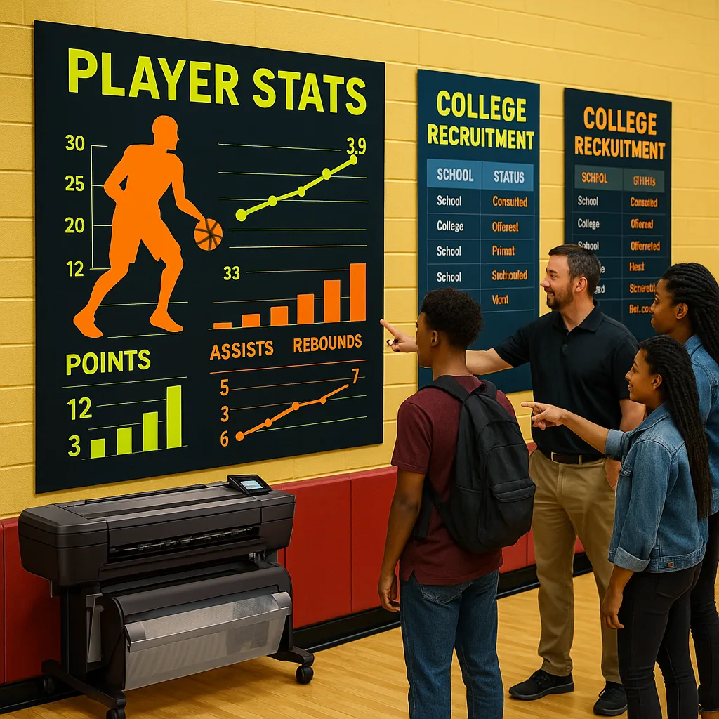A dynamic, and energetic scene a high school gymnasium wall large, colorful data visualization posters. The main poster displays a basketball player's stats (points, assists, rebounds) alongside