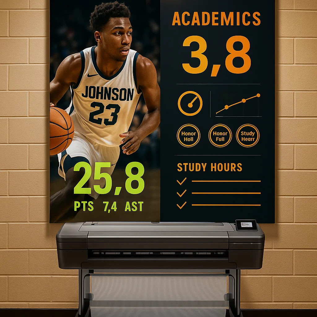 A close-up shot of a student-athlete's individual performance poster split design - left side shows action sports game statistics in bold neon lime numbers, right side displays academic