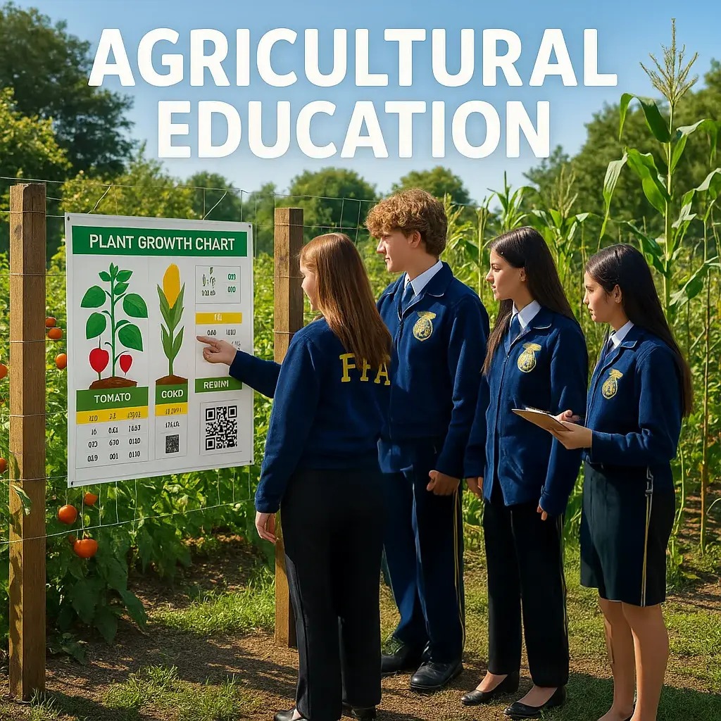 A outdoor agricultural education scene FFA students in blue jackets examining large weather-resistant poster displays mounted on fence posts in a school garden. A outdoor agricultural education scene FFA students in blue jackets examining large weather-resistant poster displays mounted on fence posts in a school garden.