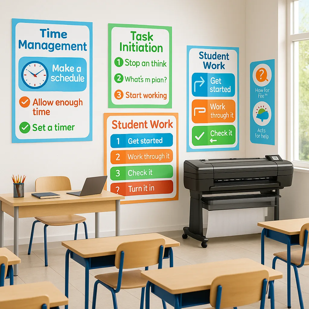 A bright, organized elementary classroom strategically placed educational posters on executive function skills. The scene shows a teacher's desk area visible time management charts, a student work