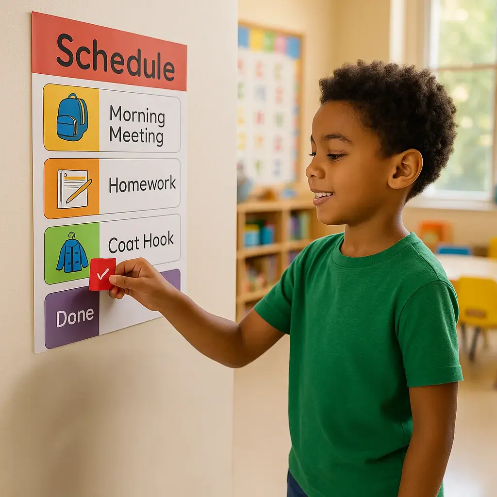 A bright, organized elementary classroom morning scene a diverse student (8-9 years old) confidently using a colorful wall-mounted visual schedule system. A bright, organized elementary classroom morning scene a diverse student (8-9 years old) confidently using a colorful wall-mounted visual schedule system.