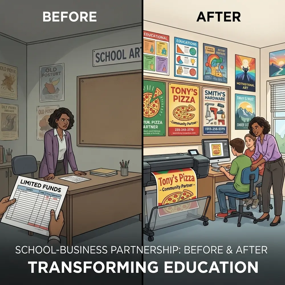 Split-screen image showing a school art teacher facing limited funds before and, after partnering with a local business, students using a poster printer machine to create professional posters