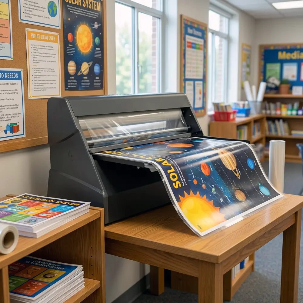 PSE Cool 25″ Cold Laminator Preserving Classroom Posters PSE Cool 25 inch Cold Laminator laminating a solar system educational poster in a school media center