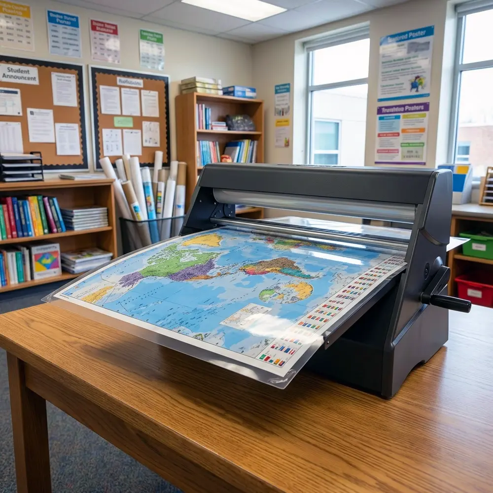 PSE Cool 25″ Cold Laminator for Protecting Classroom Posters PSE Cool 25 inch Cold Laminator applying clear laminate to a world map poster in a school classroom after printing on a poster printer machine