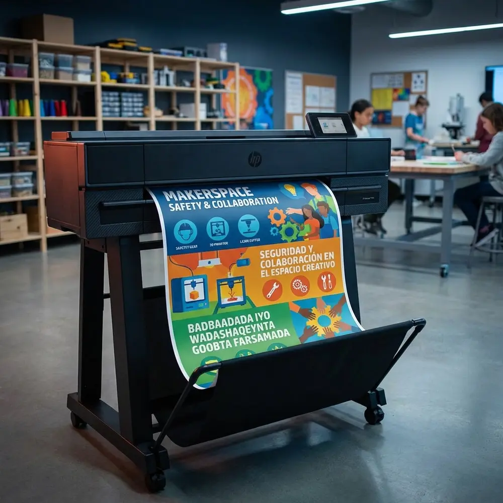 School poster maker creating multilingual makerspace safety posters